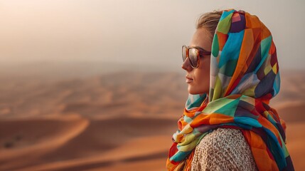 Woman with colorful scarf standing in desert landscape, travel lifestyle fashion