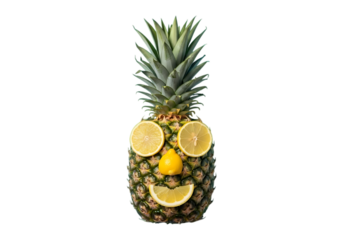 Funny pineapple face with citrus fruit decorations isolated on transparent background