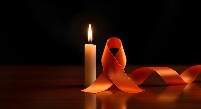 Symbolic orange ribbon and glowing candle evoke hope, remembrance, and support for crucial awareness campaigns
