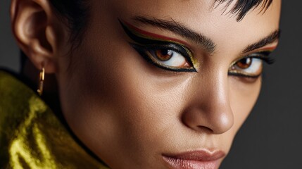 Model with bold eyeliner and sharp shadows in high fashion editorial portrait