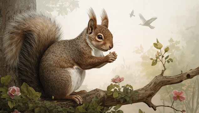Hand-painted squirrel perched on a tree gathering flowers, focus on nature's beauty