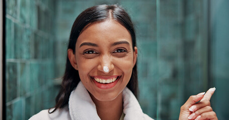 Beauty, cosmetics and portrait with woman in bathroom for lotion, retinol moisturizer and self...