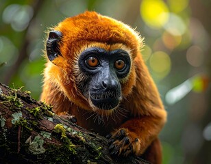 Close-up portrait of a monkey with orange fur, perched on a tree branch, looking curious