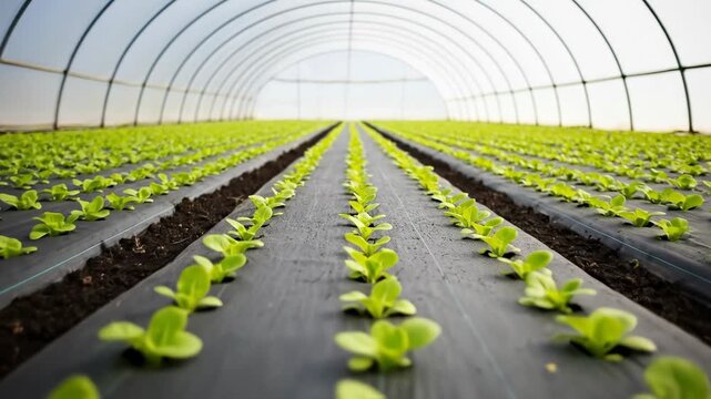 Green sprouts growing in rows inside agricultural tunnel