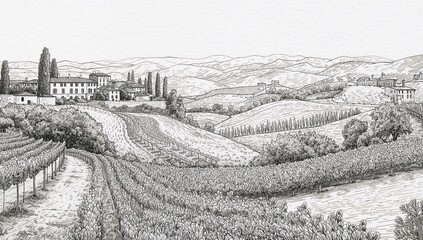 Naklejka premium Black and white illustrations of a Tuscan landscape, artistic representation of rural scenery