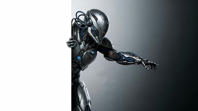 Futuristic cyborg robot peeking from behind a white surface