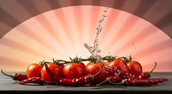Fresh ripe tomatoes and spicy red chilies with water splash