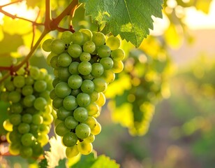 Close-up of green grapes hanging on the vine, illuminated by the sun's warm light