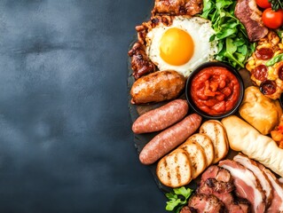 Delicious Assorted Breakfast Ingredients on Slate Board with Egg and Meats