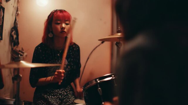Young Asian Woman with Red Hair Playing Drums in a Dimly Lit Music Studio Rehearsal