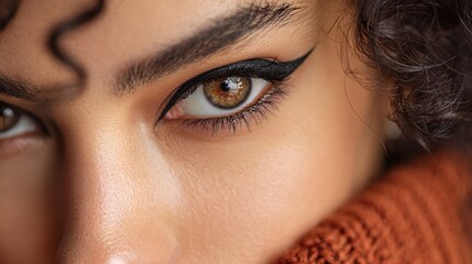 Woman with dramatic eyeliner looking confidently into camera lens