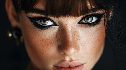 Woman with dramatic eyeliner looking confidently into camera lens