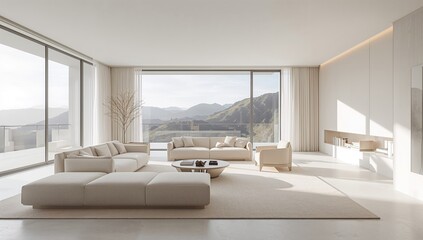 Fototapeta premium Bright modern interior of a roomy lounge featuring elegant furnishings, large windows enhancing a tranquil daytime setting