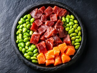 Fresh Cubes of Salmon and Tuna Surrounded by Edamame on Slate Board