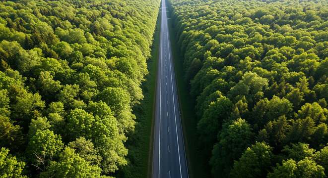 Long straight highway cutting through dense green forest canopy, aerial drone top view with bright sunlight and realistic textures, natural landscape showing untouched environment beauty. - Powered by Adobe