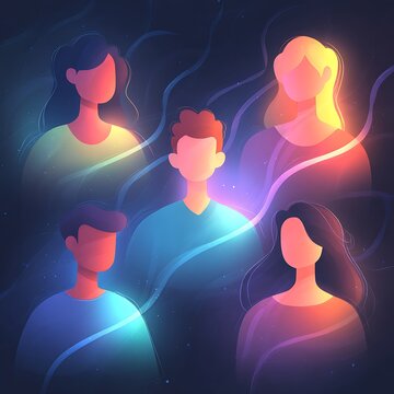  Influencer Growth Stylized Avatars Connected By Light Trails Forming A Social Web. Each Avatar Glows Softly With Gradient Color Edges. No Logos, Clean Transparency, Isol