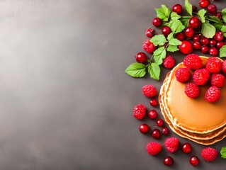 Delicious Pancakes Topped with Fresh Berries and Mint Leaves on Gray Background