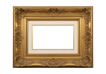 Ornate gold picture frame with white mat isolated on transparent background
