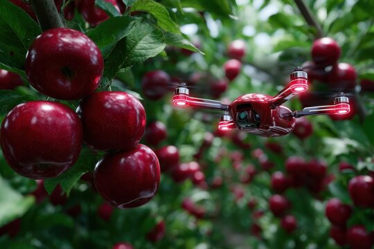 Drone flying through apple orchard capturing vibrant red apples during the harvest season - Powered by Adobe