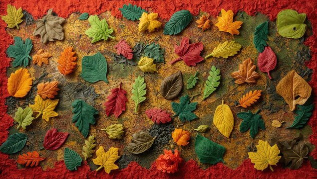 Colorful leaf shapes arranged on a felt fabric surface with a red border design