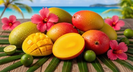 Tropical Mangoes and Hibiscus Flowers on a Beach Background.