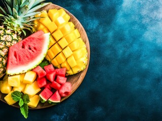 Fresh and Colorful Cut Fruits on Wooden Plate with Pineapple and Watermelon