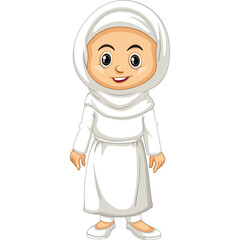 Young Muslim Girl Wearing White Hijab and Dress Standing Smiling in Front of Transparent Background