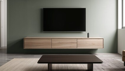 A minimalist television cabinet against a green wall in the living room, enhancing modern decor