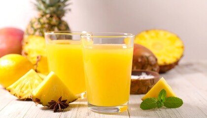 Fototapeta premium Refreshing fruit juice filled glasses are arranged with pineapple, mango and star anise on a white wooden surface