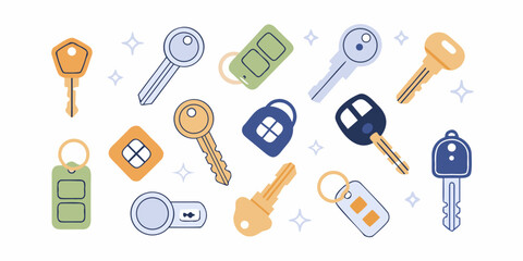 Collection of flat design car keys and keychains with sparkling accents on a white background