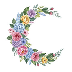 Floral Vector Pattern with Roses Hydrangeas and Foliage in Organic Vintage Style