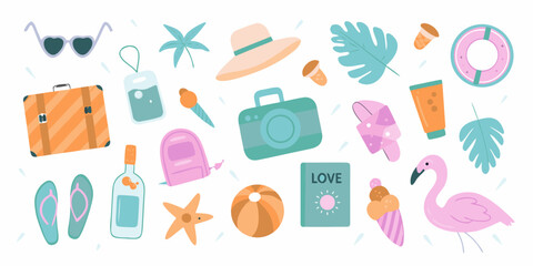 Collection of cute summer vacation and travel flat design icons on a white background