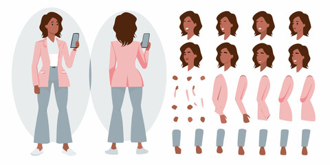 Illustration of a woman with different body parts and facial expressions for animation and character design
