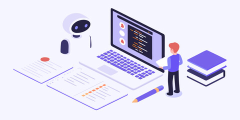 Robot and person collaborating on a laptop with documents and books representing education and technology