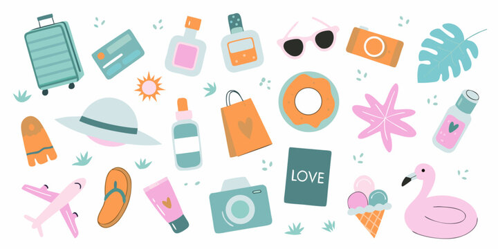 Collection of cute cartoon travel and vacation essentials with a summery theme