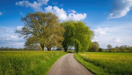 A serene trail bordered by trees and grass beneath a clear blue sky, promoting relaxation and outdoor enjoyment.