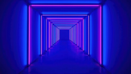 Panels of light in vivid blue, pink, and violet hues along an abstract tunnel, suitable for a performance backdrop