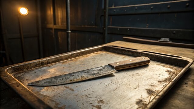 Rusted Knife on Metal Tray: Culinary Thriller