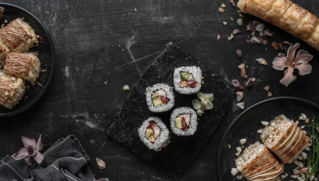 Variety of sushi rolls including cheese, presented on a black board, Japanese cuisine experience