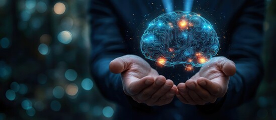 Person holding a glowing digital brain hologram with circuitry and bright neural network highlights representing artificial intelligence and advanced technology