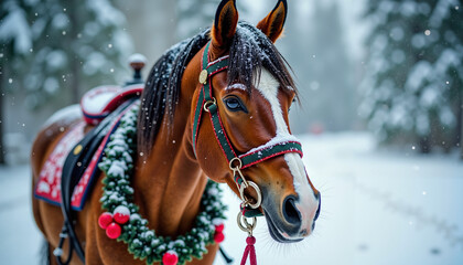 Festively decorated horse in snowy forest with wreath and saddle, serene winter celebration