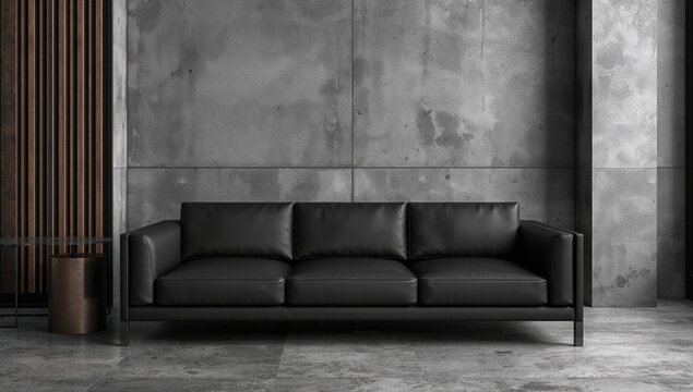 Black leather sofa in a minimalist industrial living room, showcasing modern design elements,