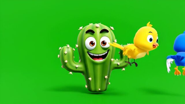 Character animation featuring a cheerful cactus with a happy yellow bird on a vibrant green background.