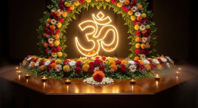 Om symbol illuminated within a floral archway with diyas