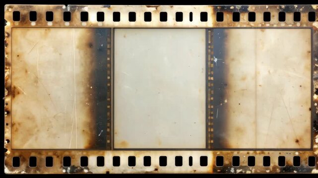 Grunge and textured film strip overlay with burning edges and perforations showing three frames, ideal for adding a vintage or retro effect.
