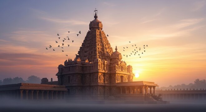 Brihadeeswarar temple at sunrise with birds flying in the sky