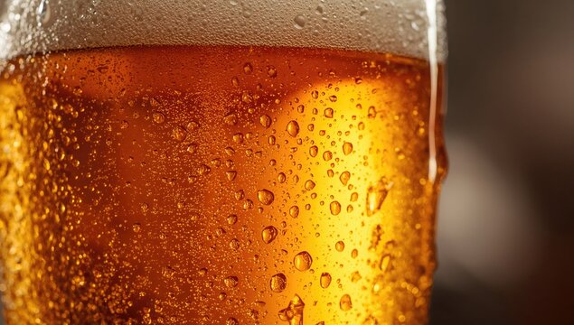 Macro shot of a chilled beer bottle covered in condensation and water droplets on the glass surface