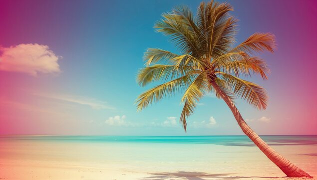 Beautiful palm tree on the shoreline, vintage filter with enhanced color, summer relaxation theme