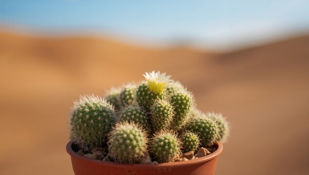 Close-up of a vibrant small cactus in a pot, highlighting its resilience in dry environments