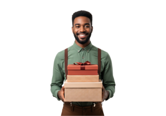Smiling man holding a stack of gift boxes isolated on transparent background
